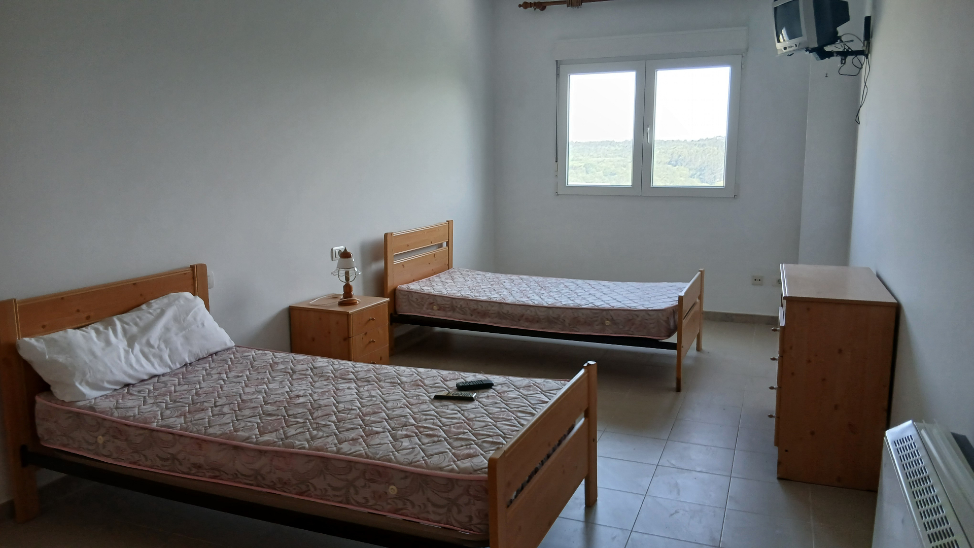 Twin-bed hostel room with countryside outlook
