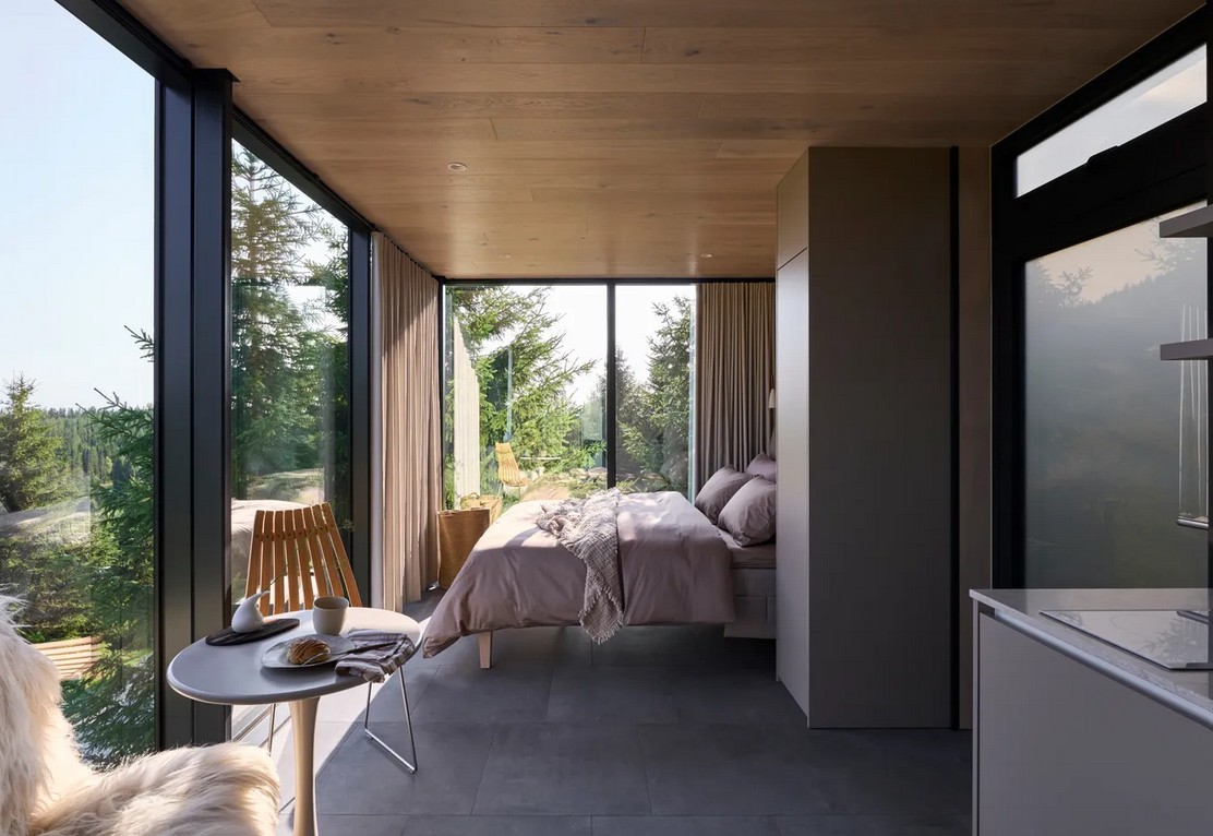 Warm wood and glass interior with a forest view