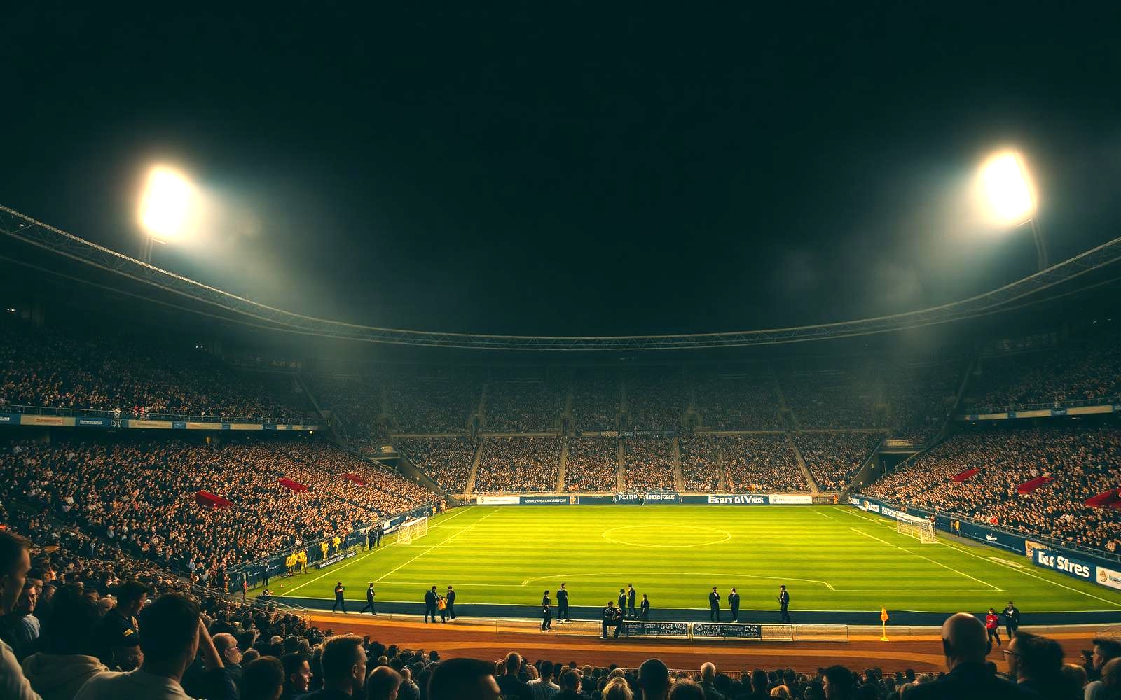 Fans packing a floodlit stadium on a major event night